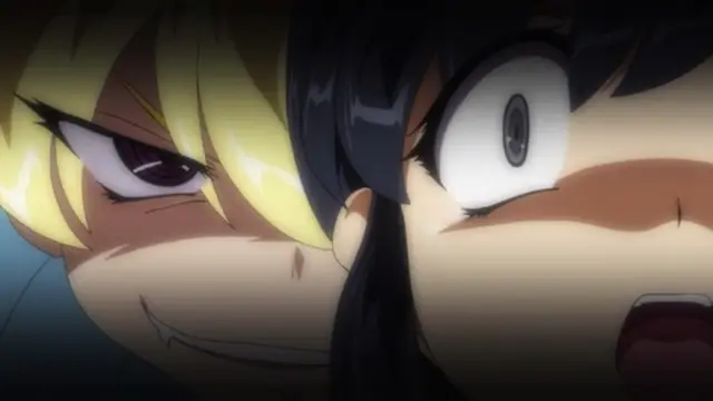 A blonde-haired woman with a devious smirk looks closely at a shocked, wide-eyed dark-haired woman in a close-up shot. Screenshot from Alignment You! You! - Episode 2