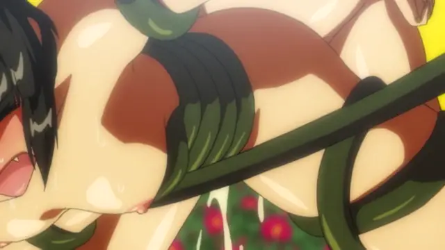 A close-up anime frame shows a woman with long black hair and a brown outfit lying on a bed, facing the camera with her eyes closed and her mouth open. Screenshot from Alignment You! You! - Episode 2