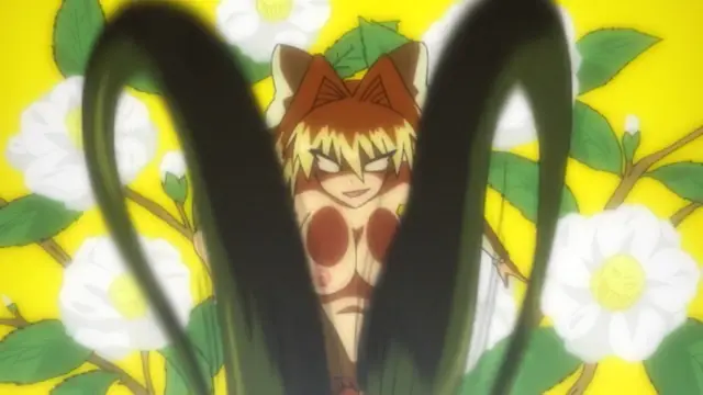 An anime girl with cat ears and brown hair, wearing a revealing white outfit with large brown breasts, stands in front of a yellow background filled with white flowers, partially obscured by long dark hair in the foreground. Screenshot from Alignment You! You! - Episode 2