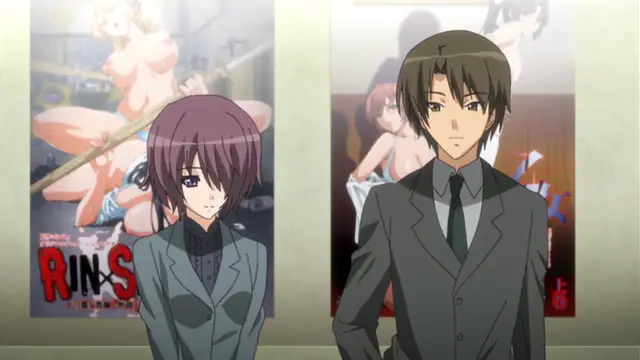 Two anime characters in school uniforms stand in front of posters featuring scantily clad women, with one poster displaying "RIN-S" and the other showing a girl in a bikini. Screenshot from Yume Kui: Tsurumiku Shiki Game Seisaku - Episode 1