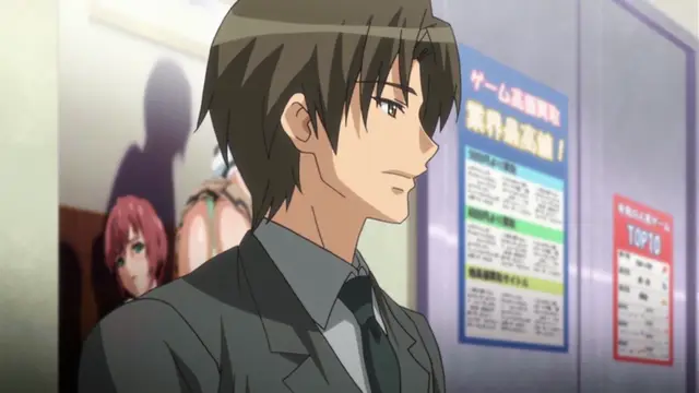 A brown-haired man in a gray suit and tie stands in a room with posters on the wall, looking slightly concerned as he stands next to two women in the background. Screenshot from Yume Kui: Tsurumiku Shiki Game Seisaku - Episode 1