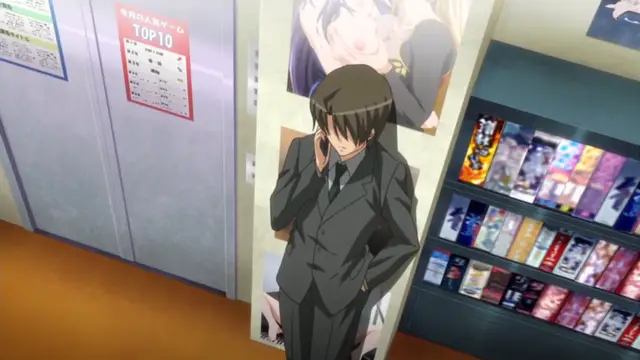 A schoolboy in a suit stands in a hallway next to a vending machine and posters, with one poster prominently featuring an anime girl with an open mouth. Screenshot from Yume Kui: Tsurumiku Shiki Game Seisaku - Episode 1