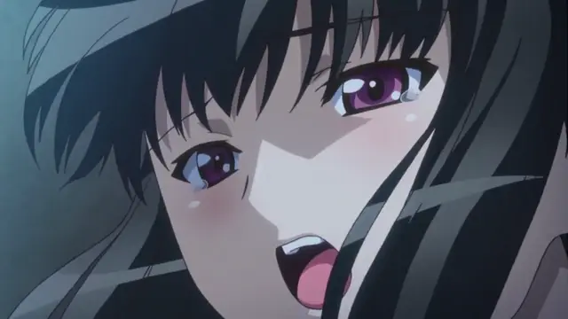 A close-up shot shows a black-haired anime girl with purple eyes, blushing and sweating while looking upwards with her mouth open. Screenshot from Yume Kui: Tsurumiku Shiki Game Seisaku - Episode 1