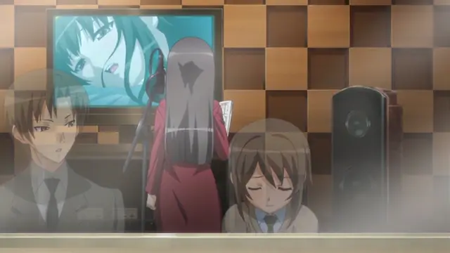 A girl with long grey hair in a red dress stands with her back to the viewer in a room with checkered walls, while a man in a suit and a girl with closed eyes look on as a television shows a woman with blue hair. Screenshot from Yume Kui: Tsurumiku Shiki Game Seisaku - Episode 1