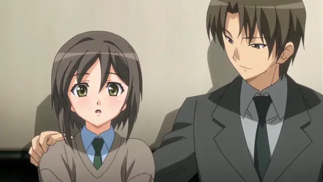 A male character in a suit sits next to a surprised schoolgirl, resting his hand on her shoulder while looking at her with a smirking expression. Screenshot from Yume Kui: Tsurumiku Shiki Game Seisaku - Episode 1