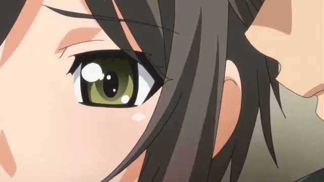 An anime girl with brown hair and green eyes looks up with a blushing face at the close-up profile of a man who is leaning into her. Screenshot from Yume Kui: Tsurumiku Shiki Game Seisaku - Episode 1