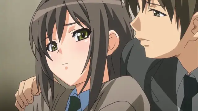 A schoolgirl with long brown hair and a blushing face leans against a man in a suit who has his arm around her shoulder. Screenshot from Yume Kui: Tsurumiku Shiki Game Seisaku - Episode 1