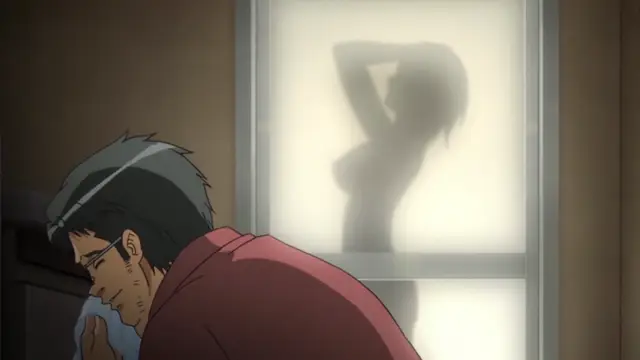 A distressed, sweating man sits in the foreground with his head down, while a silhouette of a woman appears on a frosted glass window behind him in a suggestive pose. Screenshot from Yume Kui: Tsurumiku Shiki Game Seisaku - Episode 1