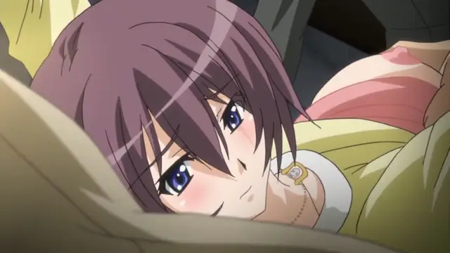 A blushing anime girl with short purple hair lies on a bed, wearing a yellow top and a gold necklace with a heart pendant, while looking up with a dazed expression. Screenshot from Yume Kui: Tsurumiku Shiki Game Seisaku - Episode 1
