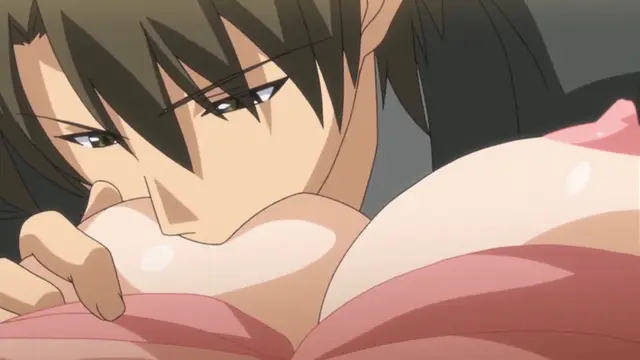 An anime man with dark hair is shown from a close-up perspective, pressing his face against a woman's large, soft breasts. Screenshot from Yume Kui: Tsurumiku Shiki Game Seisaku - Episode 1