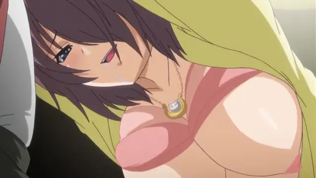 A close-up shot shows a girl with purple hair and a pink bikini top leaning against a man while wearing a yellow cloak, with her eyes rolled back and a necklace around her neck. Screenshot from Yume Kui: Tsurumiku Shiki Game Seisaku - Episode 1