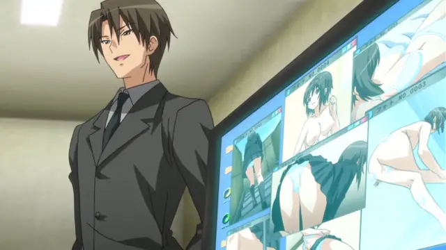 A man in a suit smiles while looking at a large wall of monitors displaying various scantily clad anime girls and pornographic scenes. Screenshot from Yume Kui: Tsurumiku Shiki Game Seisaku - Episode 1
