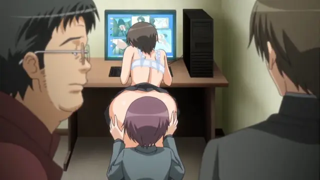 An anime girl in a white bikini top and black bottoms is positioned on a table in front of a computer monitor while a man in a suit kneels behind her, holding her hips, as two other men watch from the foreground. Screenshot from Yume Kui: Tsurumiku Shiki Game Seisaku - Episode 1