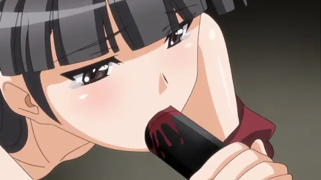 A close-up anime girl with black bobbed hair and a blushing face gazes intensely as she holds a large black dildo covered in red fluid to her mouth. Screenshot from Yume Kui: Tsurumiku Shiki Game Seisaku - Episode 2