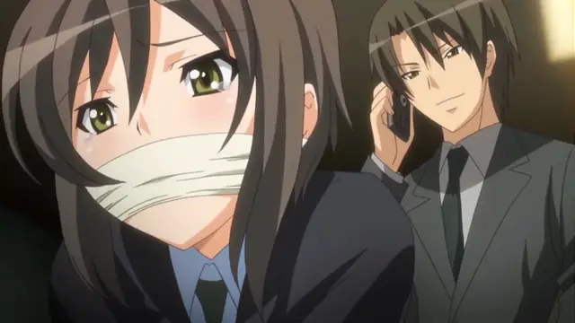 A close-up of a girl with long dark hair and a surprised expression, her mouth gagged with white bandages, while a man in a suit stands behind her smiling and talking on a cell phone. Screenshot from Yume Kui: Tsurumiku Shiki Game Seisaku - Episode 2