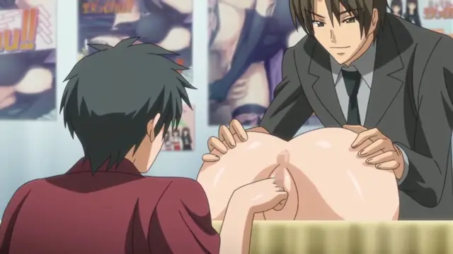 A dark-haired man in a suit leans over a woman's large breasts while another man watches from behind, while posters of other characters line the wall. Screenshot from Yume Kui: Tsurumiku Shiki Game Seisaku - Episode 2