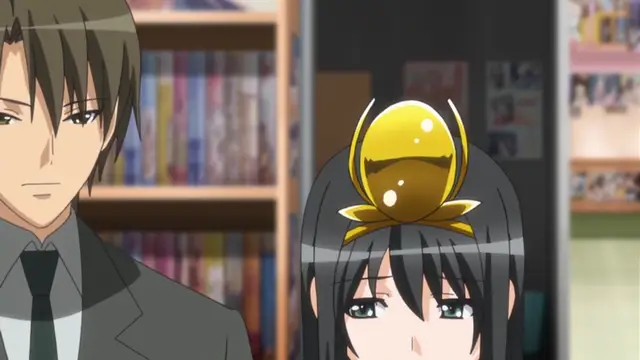 A man in a suit and a woman with a gold hair ornament stand in a room with bookshelves, both featuring somber facial expressions. Screenshot from Yume Kui: Tsurumiku Shiki Game Seisaku - Episode 2