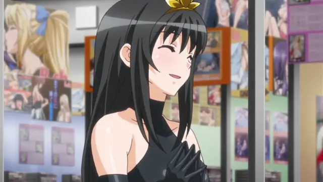 A young woman with long black hair and a gold crown headband smiles with her eyes closed, wearing a black sleeveless dress and gloves while standing in a room filled with anime posters. Screenshot from Yume Kui: Tsurumiku Shiki Game Seisaku - Episode 2