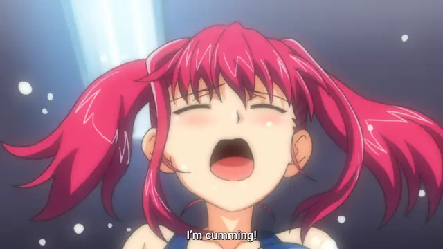 A girl with pink hair in pigtails has an ecstatic expression on her face while sweating and shouting "I'm cumming!". Screenshot from Tsundere Inran Shoujo Sukumi - Episode 1