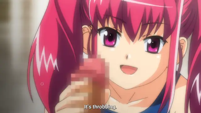 A pink-haired anime girl with large eyes and blushing cheeks looks down with a smile at a pixelated male penis in her hand, with the subtitle "It's throbbing." appearing at the bottom. Screenshot from Tsundere Inran Shoujo Sukumi - Episode 1