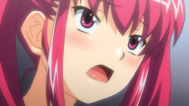 A close-up shot shows a blushing anime girl with pink hair and magenta eyes looking shocked and surprised with her mouth slightly open. Screenshot from Tsundere Inran Shoujo Sukumi - Episode 1