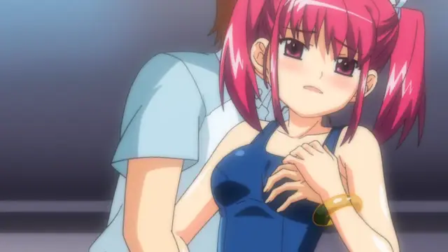 A blushing anime girl with pink pigtails and a blue dress sits nervously in front of a man in a light blue shirt. Screenshot from Tsundere Inran Shoujo Sukumi - Episode 1
