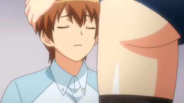 A close-up anime scene shows a male character with brown hair and a calm expression leaning his head against a woman's bare thigh. Screenshot from Tsundere Inran Shoujo Sukumi - Episode 1