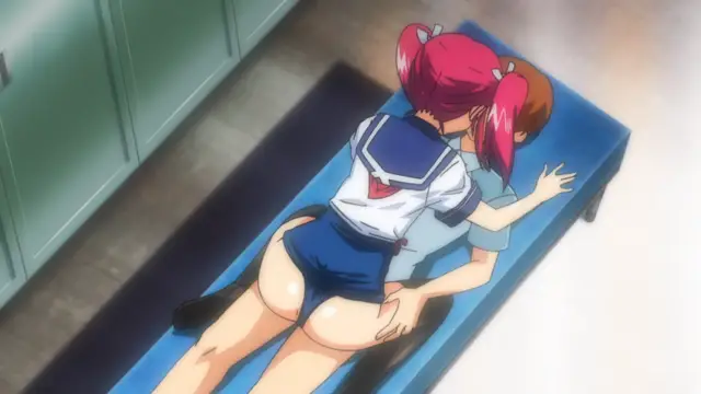 In an anime scene, a pink-haired girl in a school uniform is positioned on top of another girl lying on a blue couch, with her short skirt hiked up to reveal her buttocks and genitals. Screenshot from Tsundere Inran Shoujo Sukumi - Episode 1