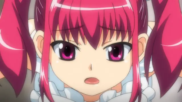 A close-up shot of an anime girl with pink twin-tails and wide eyes looking startled, wearing a white frilly collar. Screenshot from Tsundere Inran Shoujo Sukumi - Episode 2
