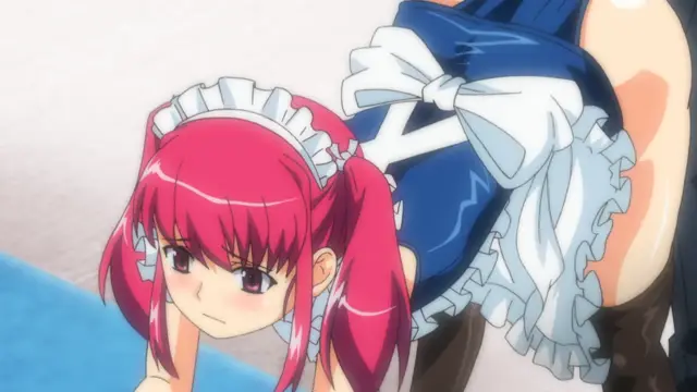 A pink-haired anime girl in a maid outfit lies on all fours on a bed with her breasts pressed against the mattress while another character, wearing a blue dress with white ruffles and black stockings, stands behind her. Screenshot from Tsundere Inran Shoujo Sukumi - Episode 2