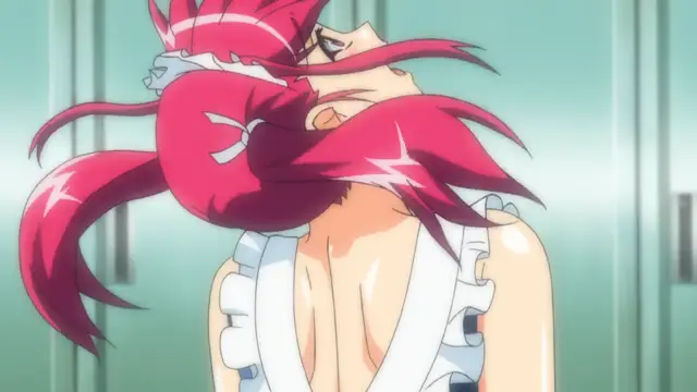 A woman with long, flowing red hair is shown from behind, wearing a white ruffled outfit that exposes her back and breasts as she looks over her shoulder with a lustful expression. Screenshot from Tsundere Inran Shoujo Sukumi - Episode 2