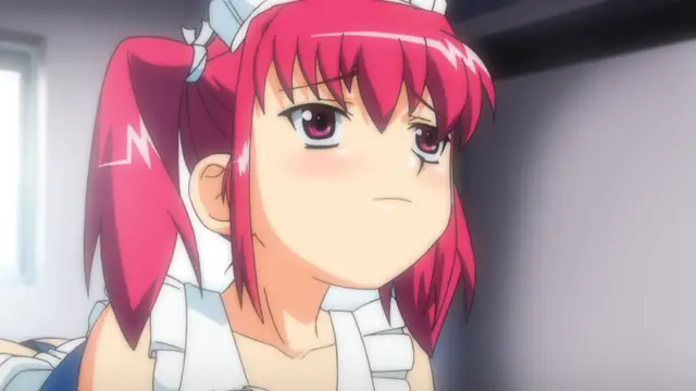 An anime girl with pink hair in pigtails, wearing a white maid outfit and blushing with a flustered expression, looks towards the viewer. Screenshot from Tsundere Inran Shoujo Sukumi - Episode 2