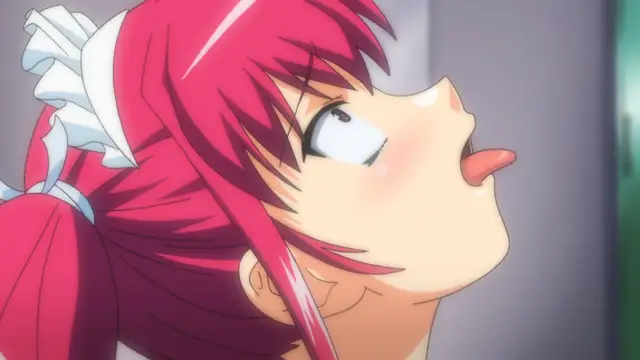 A pink-haired anime girl with a maid headband looks upwards with wide eyes and a blushing face while sticking her tongue out. Screenshot from Tsundere Inran Shoujo Sukumi - Episode 2