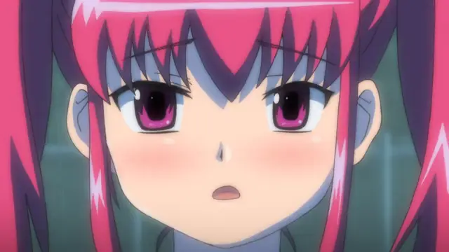 A close-up shot shows an anime girl with pink hair and purple eyes looking surprised with a blushed face. Screenshot from Tsundere Inran Shoujo Sukumi - Episode 2