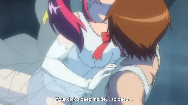 A close-up of a woman in a white dress with pink hair hugging a brown-haired woman in a white camisole while the subtitles read, "Your dick's deep inside... so deep...". Screenshot from Tsundere Inran Shoujo Sukumi - Episode 2