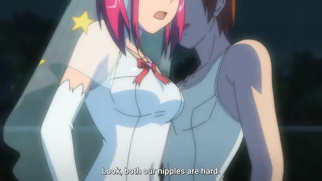 A close-up shot shows a pink-haired bride and a dark-haired person standing close together outdoors at night, with the subtitles reading, "Look, both our nipples are hard.". Screenshot from Tsundere Inran Shoujo Sukumi - Episode 2