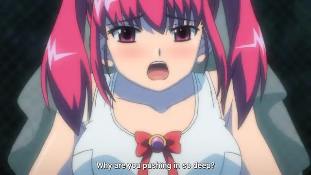 An anime girl with pink twin tails and a white dress looks surprised and slightly blushing while subtitles at the bottom read, "Why are you pushing in so deep?". Screenshot from Tsundere Inran Shoujo Sukumi - Episode 2