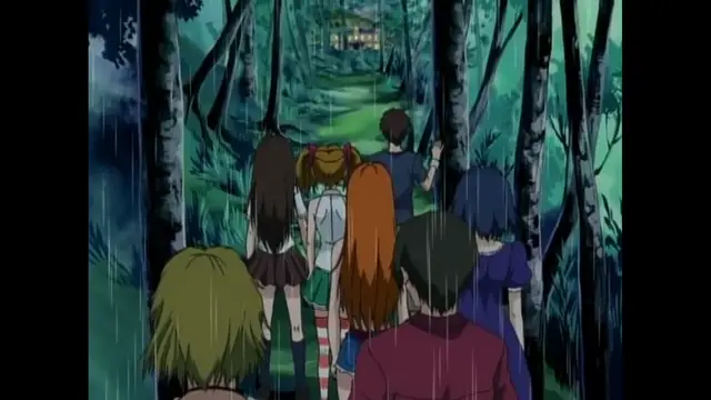 A group of anime girls and a few boys walk through a rainy forest towards a lit building in the distance. Screenshot from Black Widow - Episode 1