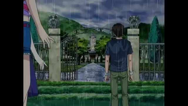A young man with short black hair stands in the rain, looking toward a large gate and a castle in the distance, while a girl stands next to him with her hand on his shoulder. Screenshot from Black Widow - Episode 1