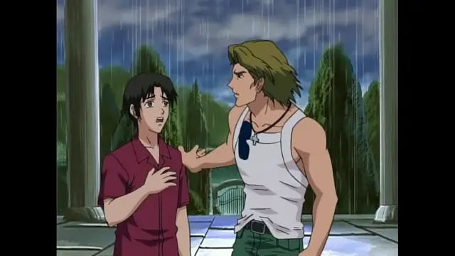 In a rainy outdoor setting, a muscular blonde man in a white tank top holds a surprised black-haired girl in a red shirt by the chest as they stand between large pillars. Screenshot from Black Widow - Episode 1