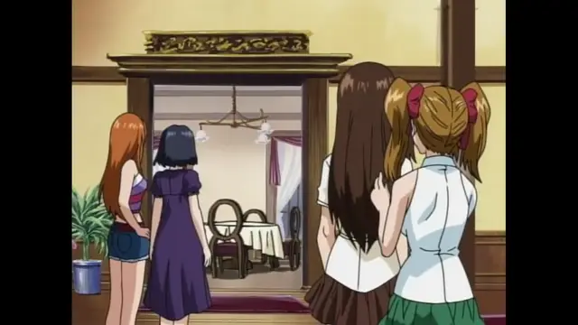 Four anime girls stand in an ornate hallway, looking into a room with a set table where one girl in a purple dress and another in a blue outfit stand facing away from the viewer. Screenshot from Black Widow - Episode 1