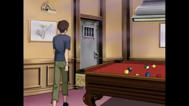 A man stands in a pool hall, looking towards a door while a pool table sits in the foreground. Screenshot from Black Widow - Episode 1