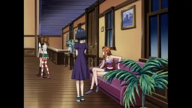 A girl in a purple dress stands in a bar, looking at a woman in a red dress sitting on a purple sofa while another girl in a school uniform stands in the background. Screenshot from Black Widow - Episode 1