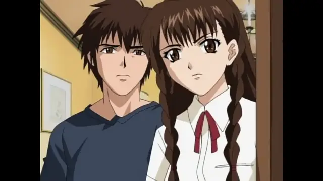 A brown-haired boy in a blue shirt and a brown-haired girl with braided pigtails in a white shirt with a red ribbon stand side-by-side with neutral expressions. Screenshot from Black Widow - Episode 1
