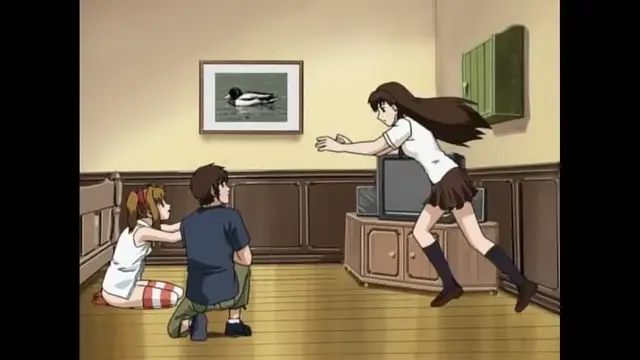 A girl in a school uniform lunges toward a man kneeling on the floor next to another girl who is being held down. Screenshot from Black Widow - Episode 1