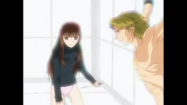 A woman wearing a long-sleeved black top and pink underwear stands in a bathroom facing a shirtless man who leans against the wall. Screenshot from Black Widow - Episode 1