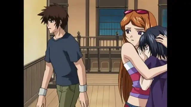 A shocked young man stands in a hallway while a long-haired woman with sunglasses on her head hugs and comforts a crying girl who is sobbing into her chest. Screenshot from Black Widow - Episode 1