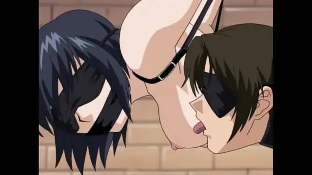A woman with black hair and a bald man wearing sunglasses have their faces pressed close together while a man with a black mask on his face licks the woman's chin. Screenshot from Black Widow - Episode 1
