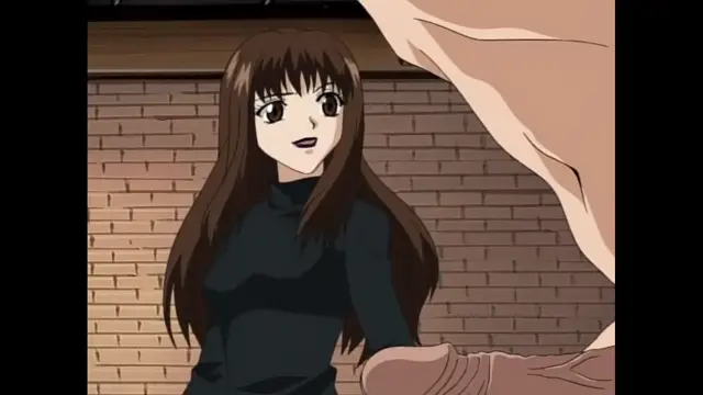 An anime girl with long brown hair and a black turtleneck sweater looks up with a surprised expression at a large, muscular man's leg. Screenshot from Black Widow - Episode 1