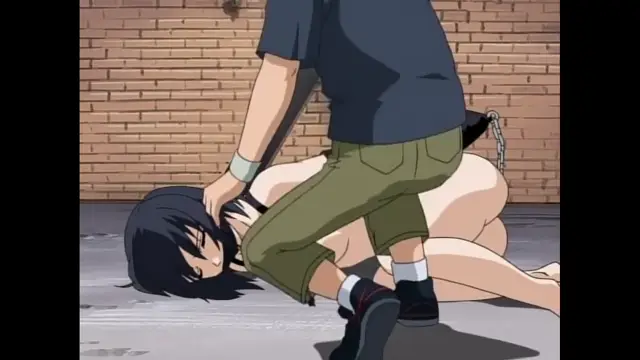 A man in a blue shirt and green shorts stands over a nude girl with dark hair, holding her head while she lies face down on the ground in an alleyway. Screenshot from Black Widow - Episode 1